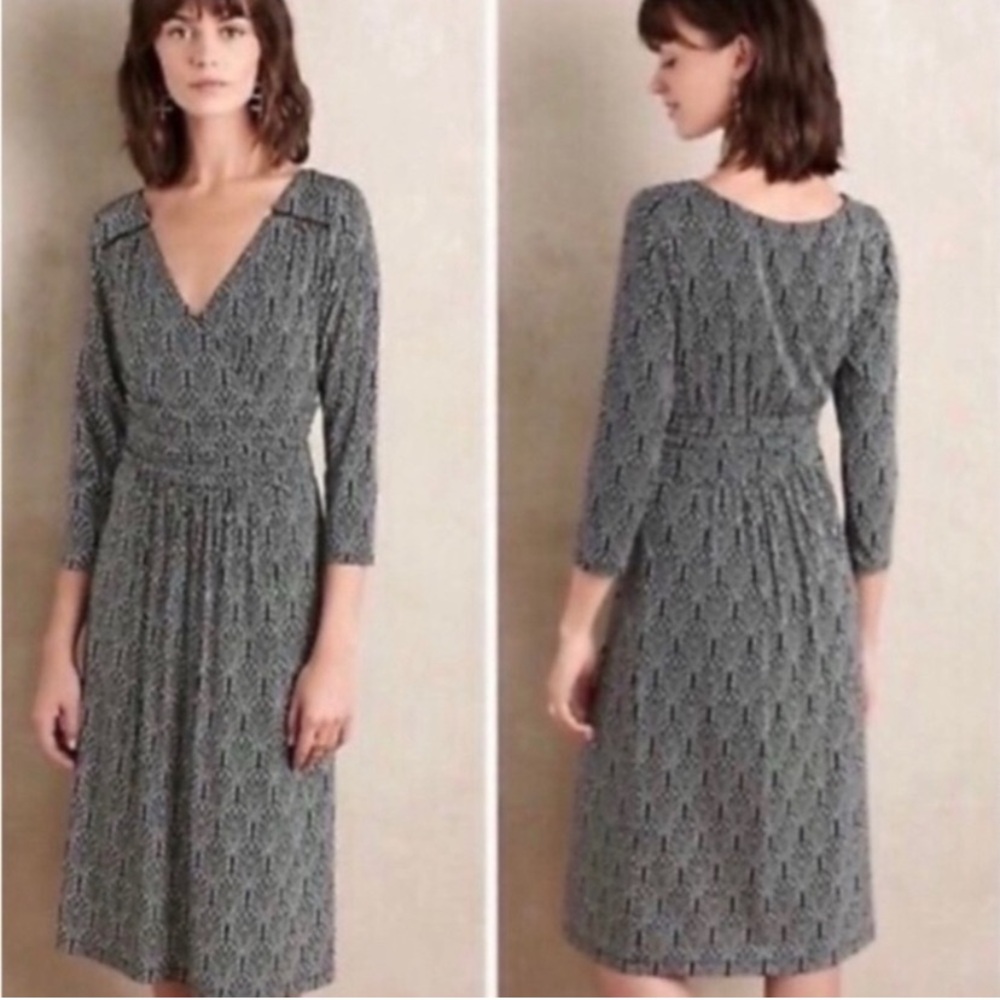 Maeve Anthropologie Galena Black/White Career Casual Office Print Midi Dress XXS